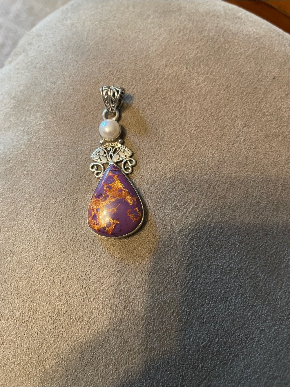 Sterling Silver Purple and Gold Teardrop Pendant with Pearl Accent